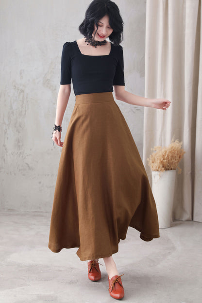 Brown Linen Maxi Skirt - High Waist A-Line Silhouette 3286