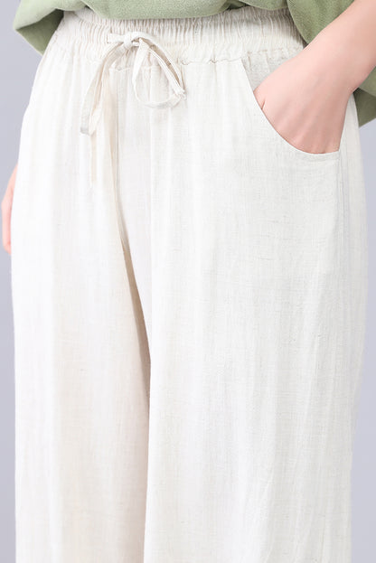 Beige Linen Wide Leg Pants - Elastic Waist, High Waisted 3556