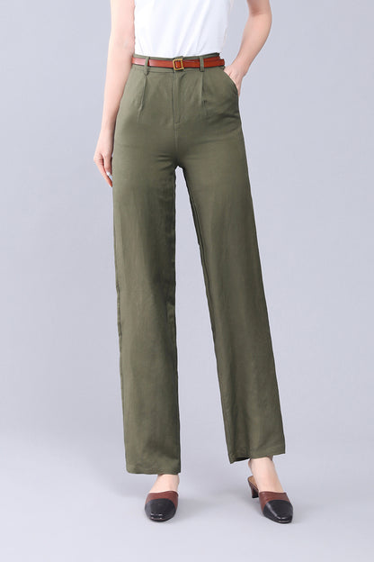 Olive Linen High Waist Wide Leg Pants - Elastic Back Waistband 3557