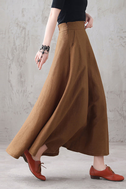 Brown Linen Maxi Skirt - High Waist A-Line Silhouette 3286