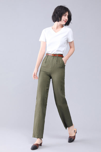 Olive Linen High Waist Wide Leg Pants - Elastic Back Waistband 3557