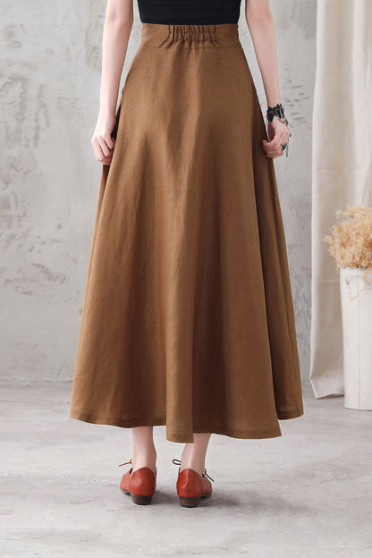 Brown Linen Maxi Skirt - High Waist A-Line Silhouette 3286
