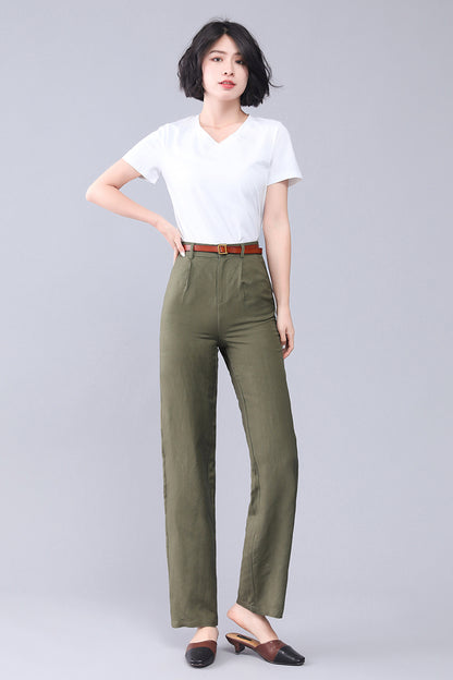 Olive Linen High Waist Wide Leg Pants - Elastic Back Waistband 3557
