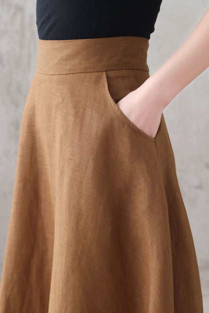 Brown Linen Maxi Skirt - High Waist A-Line Silhouette 3286