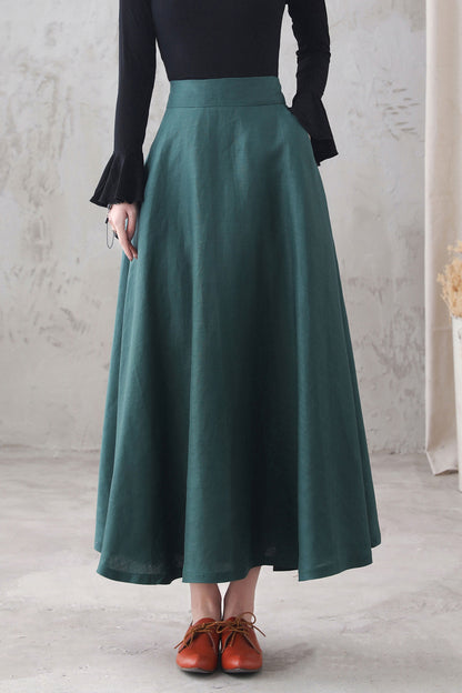 Green Linen A-Line Maxi Skirt - High Waist with Side Pockets 3287