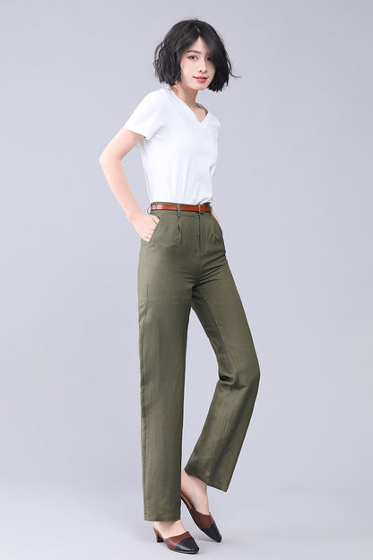 Olive Linen High Waist Wide Leg Pants - Elastic Back Waistband 3557