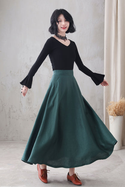 Green Linen A-Line Maxi Skirt - High Waist with Side Pockets 3287