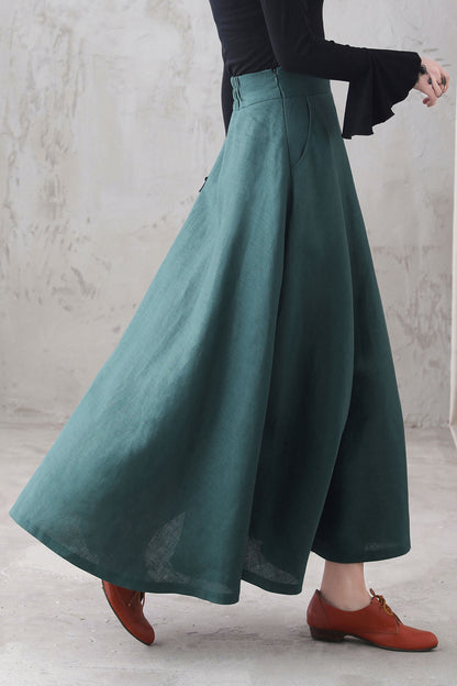 Green Linen A-Line Maxi Skirt - High Waist with Side Pockets 3287