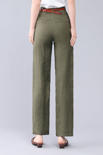 Olive Linen High Waist Wide Leg Pants - Elastic Back Waistband 3557