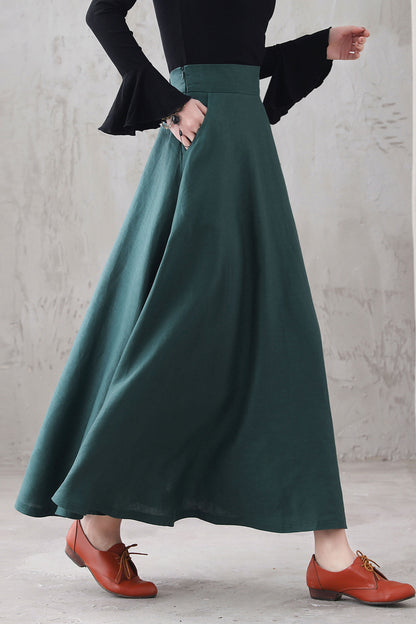 Green Linen A-Line Maxi Skirt - High Waist with Side Pockets 3287