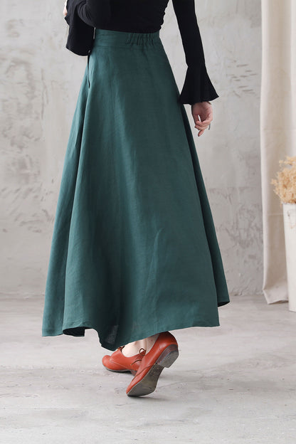 Green Linen A-Line Maxi Skirt - High Waist with Side Pockets 3287