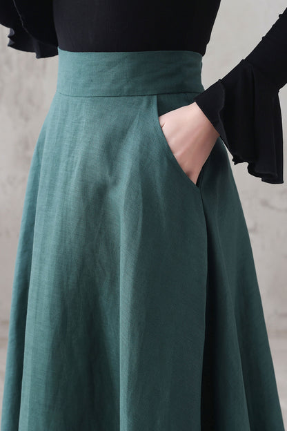 Green Linen A-Line Maxi Skirt - High Waist with Side Pockets 3287