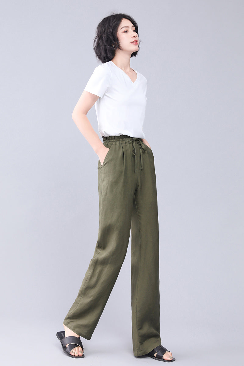 Linen Women's Elastic Waist Long Causal Wide Leg Pants 3558#CK2201622