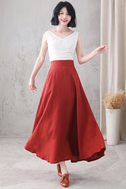 A Line Maxi Linen Swing High Waist Skirt  3289