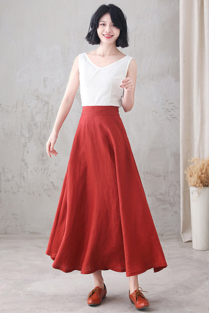 A Line Maxi Linen Swing High Waist Skirt  3289