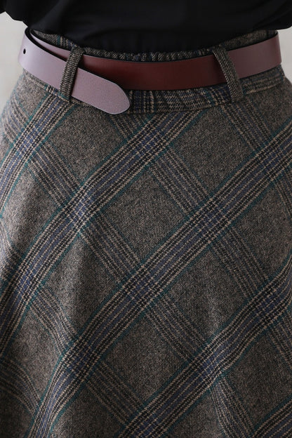 Plaid Wool A-Line Skirt - Full Flowy Silhouette with Side Pockets 3291