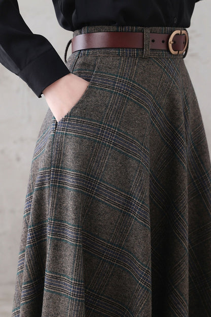 Plaid Wool A-Line Skirt - Full Flowy Silhouette with Side Pockets 3291