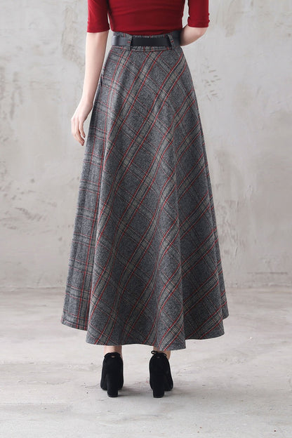 Plaid Wool Long Skirt - Full A-Line Silhouette with Belt Loops 3292