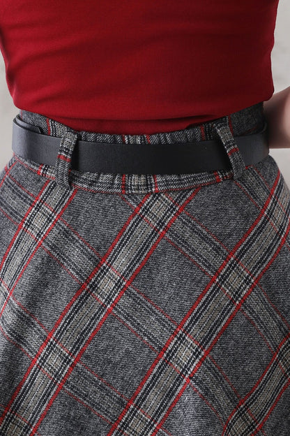 Plaid Wool Long Skirt - Full A-Line Silhouette with Belt Loops 3292
