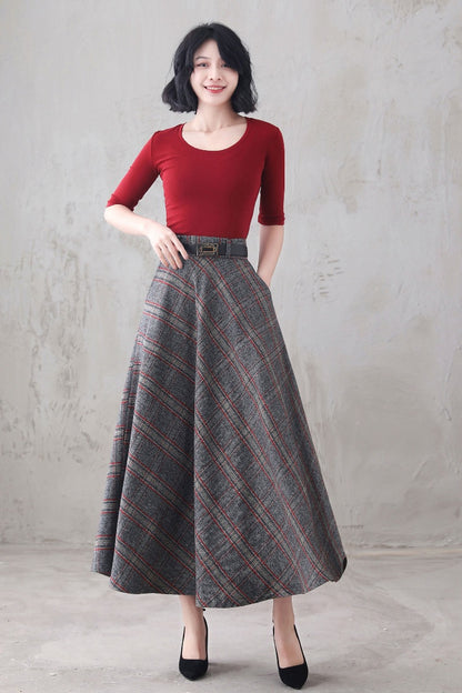 Plaid Wool Long Skirt - Full A-Line Silhouette with Belt Loops 3292