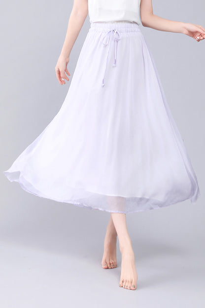 Purple Chiffon Maxi Skirt - Elastic Waist Pleated Detail 3563