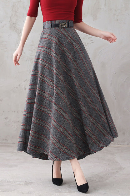 Plaid Wool Long Skirt - Full A-Line Silhouette with Belt Loops 3292