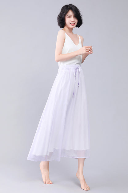 Purple Chiffon Maxi Skirt - Elastic Waist Pleated Detail 3563