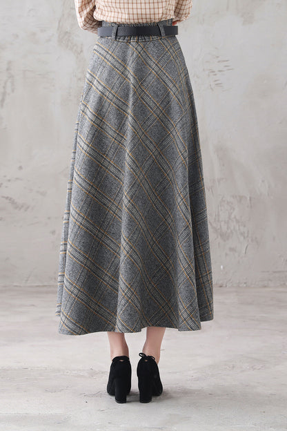 Plaid Wool Midi Skirt - High Waist A-Line with Side Pockets 3293