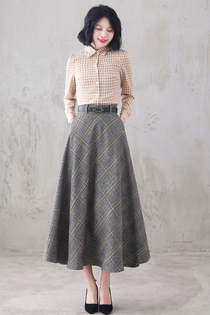 Plaid Wool Midi Skirt - High Waist A-Line with Side Pockets 3293