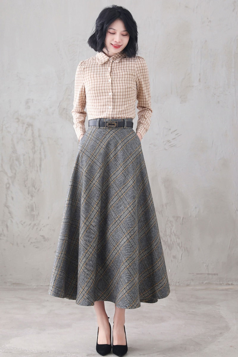 High Waist Vintage Inspired Tartan Wool Skirt 3293#