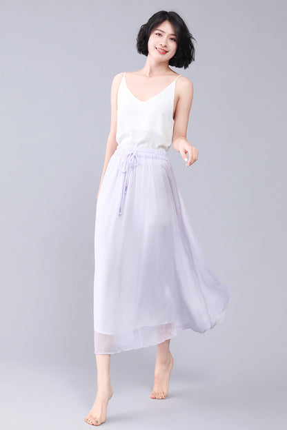 Purple Chiffon Maxi Skirt - Elastic Waist Pleated Detail 3563