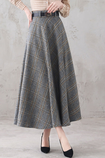 Gray Tartan Wool Midi Skirt - Vintage High Waist Flowy Silhouette 3293