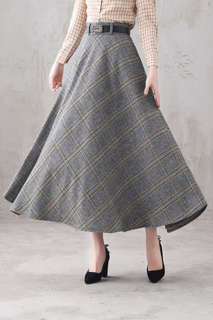 Plaid Wool Midi Skirt - High Waist A-Line with Side Pockets 3293