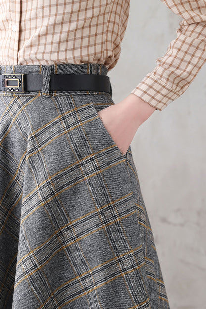 Plaid Wool Midi Skirt - High Waist A-Line with Side Pockets 3293
