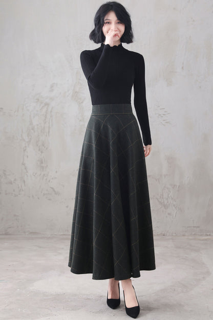 Plaid Wool Maxi Skirt - Retro Full Flowy Silhouette 3294