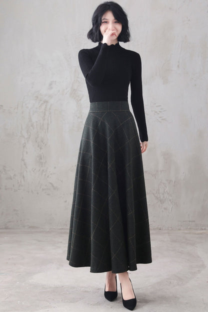 Plaid Wool Maxi Skirt - Retro A-Line Full Silhouette 3294