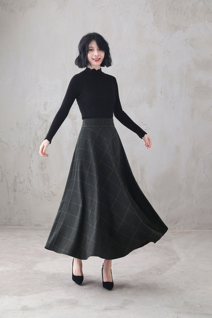 Plaid Wool Maxi Skirt - Retro Full Flowy Silhouette 3294