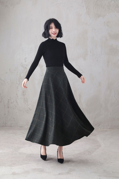 Plaid Wool Maxi Skirt - Retro A-Line Full Silhouette 3294
