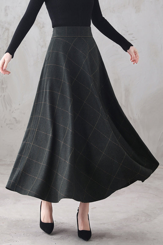 Plaid Wool Maxi Skirt - Retro A-Line Full Silhouette 3294
