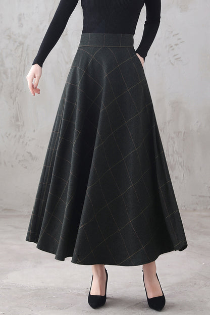 Plaid Wool Maxi Skirt - Retro A-Line Full Silhouette 3294