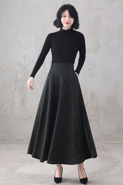 Plaid Wool Maxi Skirt - Retro A-Line Full Silhouette 3294