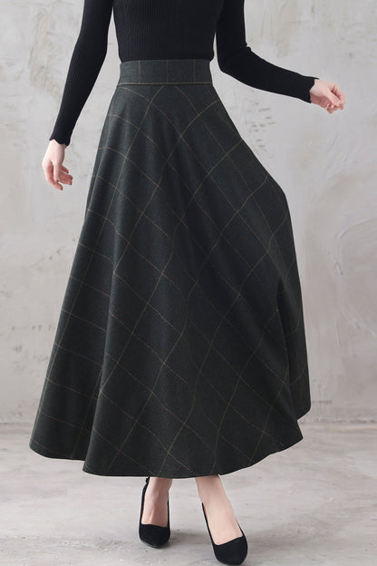 Plaid Wool Maxi Skirt - Retro Full Flowy Silhouette 3294