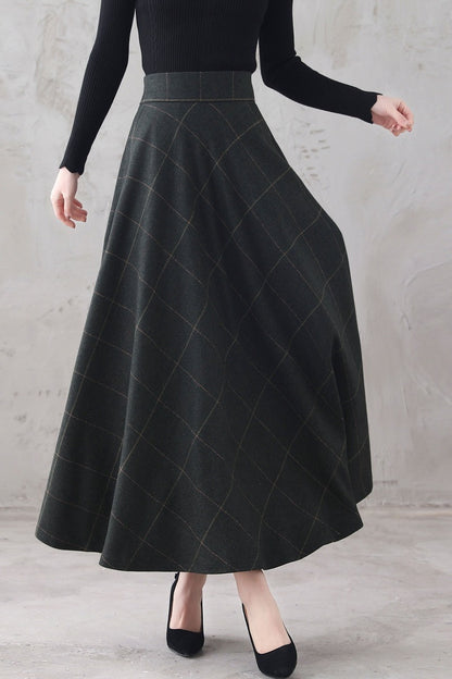 Plaid Wool Maxi Skirt - Retro A-Line Full Silhouette 3294