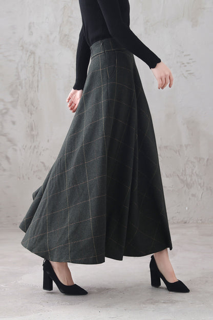 Plaid Wool Maxi Skirt - Retro Full Flowy Silhouette 3294