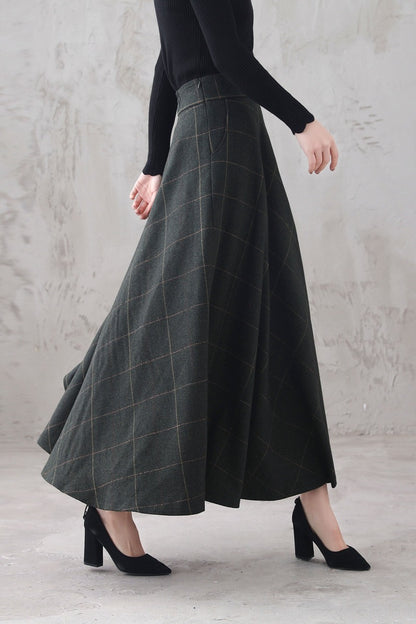 Plaid Wool Maxi Skirt - Retro A-Line Full Silhouette 3294