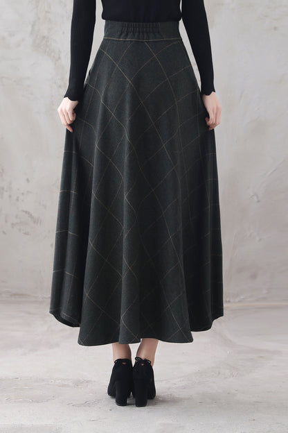 Plaid Wool Maxi Skirt - Retro Full Flowy Silhouette 3294