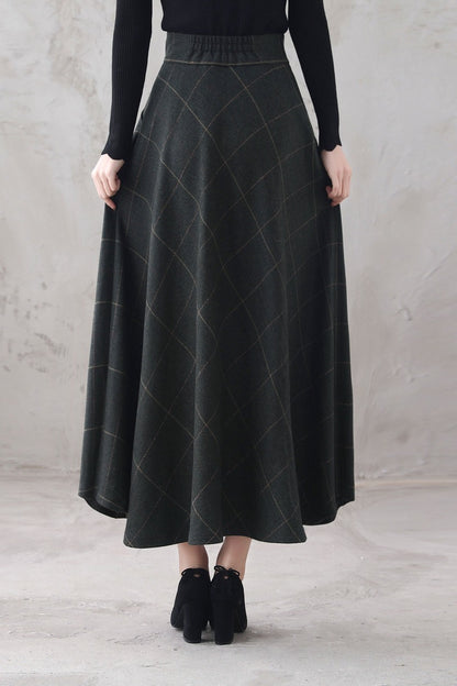Plaid Wool Maxi Skirt - Retro A-Line Full Silhouette 3294