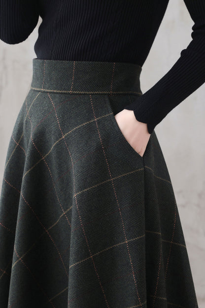 Plaid Wool Maxi Skirt - Retro Full Flowy Silhouette 3294