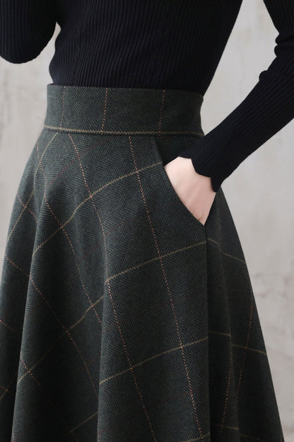 Plaid Wool Maxi Skirt - Retro A-Line Full Silhouette 3294