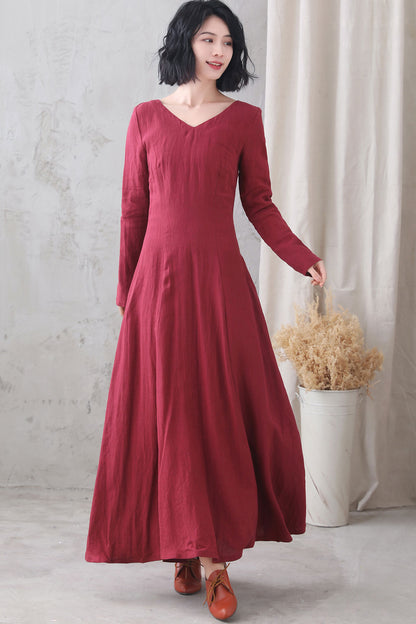 Wine Red Linen Maxi Dress - V Neck, Long Sleeve, A-Line Swing 3330